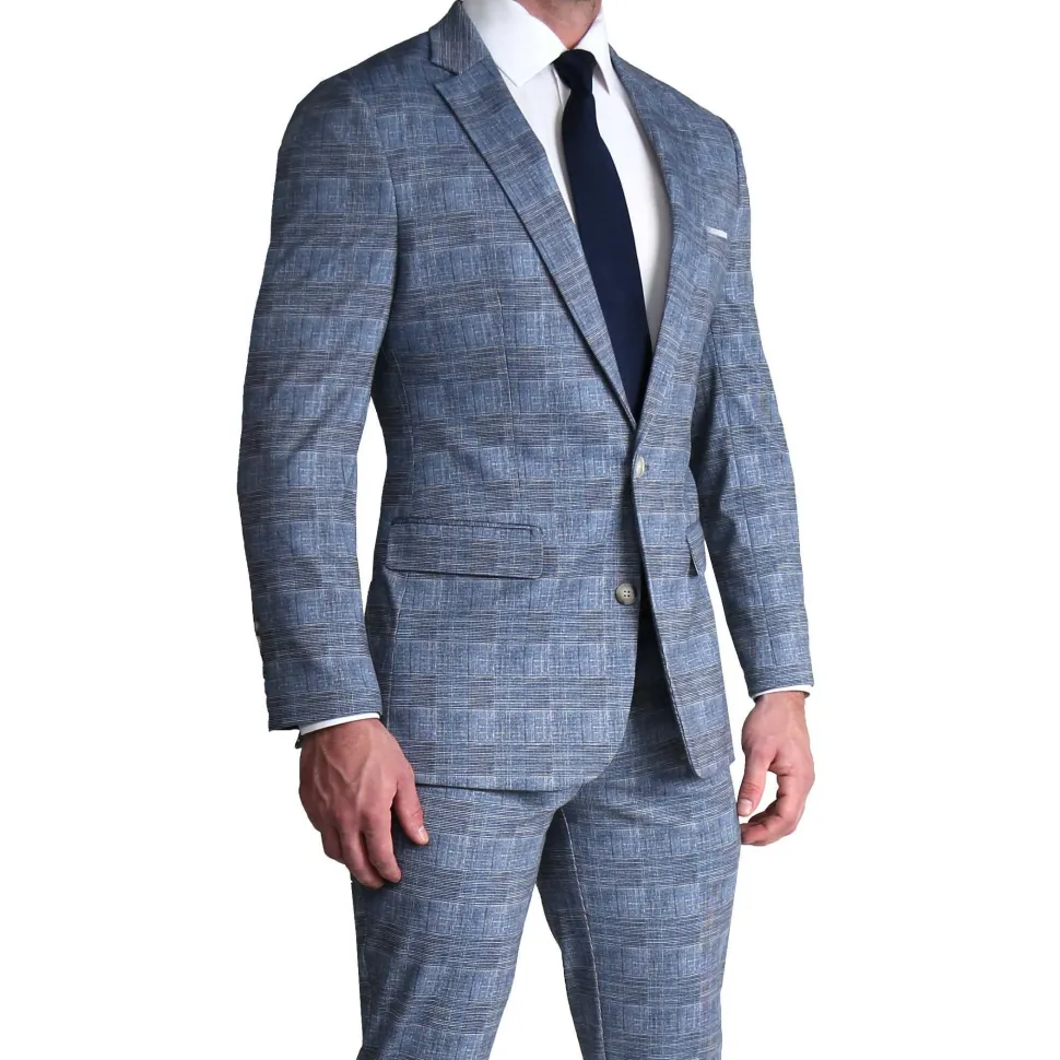 State and Liberty Athletic Fit Stretch Suit - Knit Light Blue, Navy and White Plaid