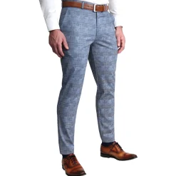 State and Liberty Athletic Fit Stretch Suit Pants - Knit Light Blue, Navy and White Plaid