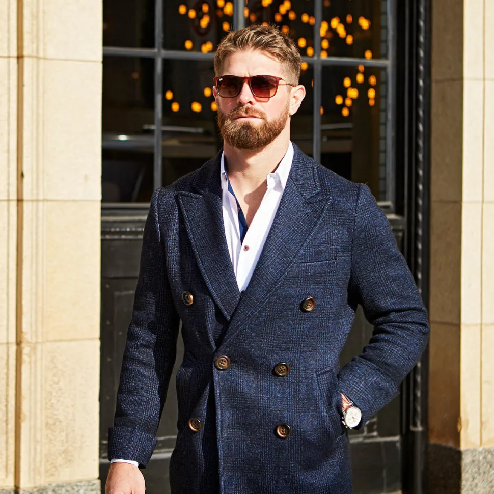 State and Liberty Navy Plaid Double-Breasted Overcoat