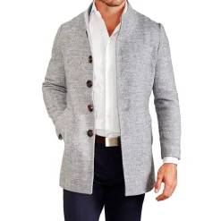 State and Liberty Open Button Overcoat - Grey Herringbone