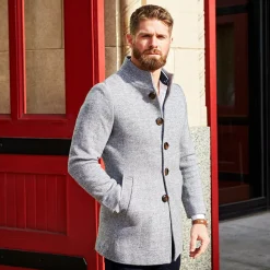 State and Liberty Open Button Overcoat - Grey Herringbone