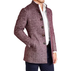 State and Liberty Open Button Overcoat - Maroon Herringbone