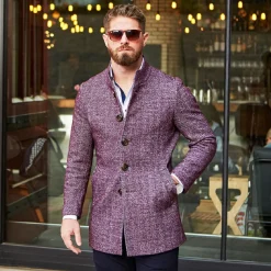 State and Liberty Open Button Overcoat - Maroon Herringbone