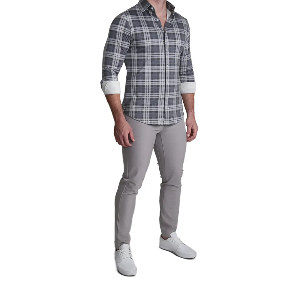 State and Liberty "The Warner" Grey and White Windowpane Casual Button Down