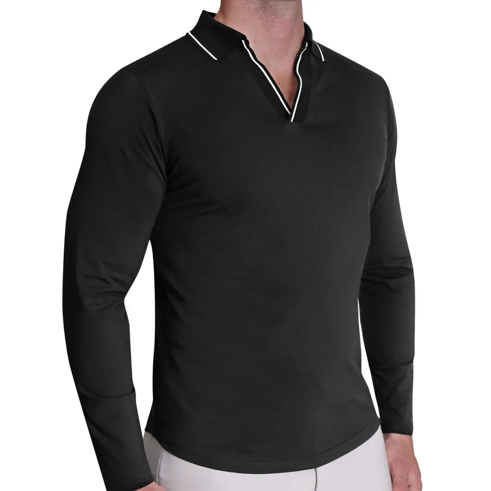 State and Liberty Tipped Long Sleeve Polo - Black with White